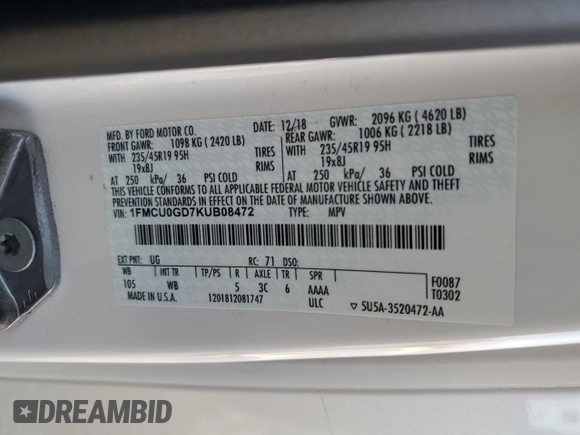 2019 Ford Escape SE with VIN 1FMCU0GD7KUB08472, listed as a Copart auction lot 43420495 with 53,044 mi miles and Salvage Title. Bid and sale history available at carsss.com. Image 14.