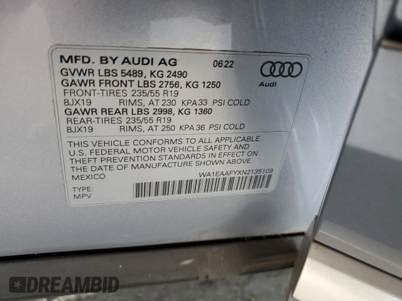 2022 Audi Q5 S line Premium Plus with VIN WA1EAAFYXN2135109, listed as a Copart auction lot 61994475 with 16,059 mi miles and Salvage title. Bid and sale history available at DreamBid. Image 12.