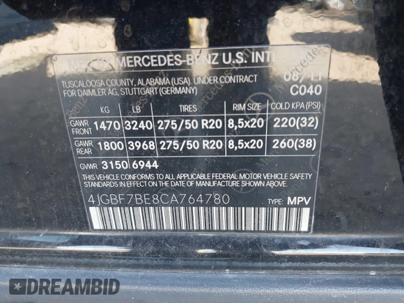2012 Mercedes-Benz GL 450 with VIN 4JGBF7BE8CA764780, listed as a IAAI auction lot 41830382 with 131,498 mi miles and . Bid and sale history available at DreamBid. Image 9.