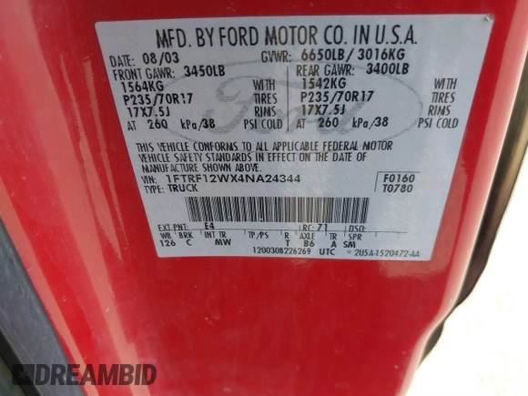 2004 Ford F-150 XL with VIN 1FTRF12WX4NA24344, listed as a IAAI auction lot 41865831 with 205,885 mi miles. Bid and sale history available at carsss.com. Image 9.