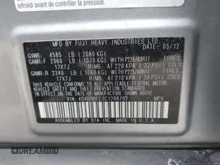 2012 Subaru Outback 2.5i Prem with VIN 4S4BRBFC3C1298792, listed as a IAAI auction lot 41353712 with 186,440 mi miles. Bid and sale history available at carsss.com. Image 9.