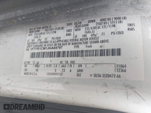 2018 Ford Transit with VIN 1FTYR1CM1JKA69797, listed as a IAAI auction lot 42282537 with 184,498 mi miles and . Bid and sale history available at DreamBid. Image 9.