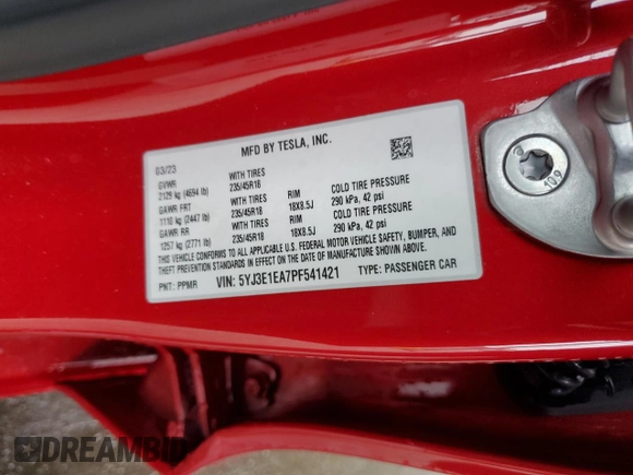 2023 Tesla Model 3 z VIN 5YJ3E1EA7PF541421, wystawiony jako Copart lot #54513655 z przebiegiem 63 314 mil mil oraz Szkoda całkowita • Salvage title. Historia ofert i sprzedaży dostępna na DreamBid. Obrazek 12.