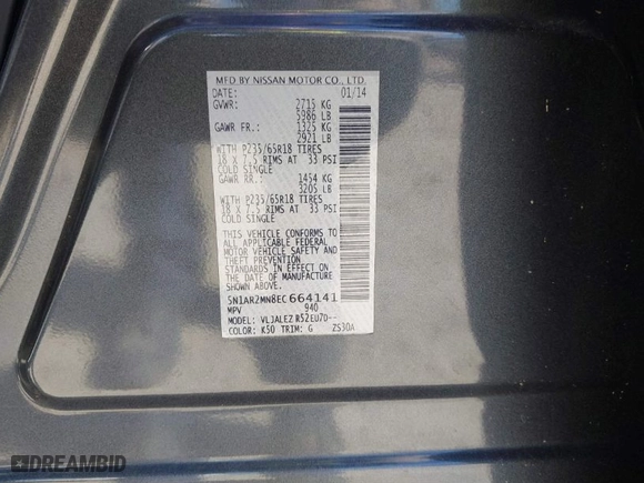 2014 Nissan Pathfinder SV with VIN 5N1AR2MN8EC664141, listed as a IAAI auction lot 41652033 with 167,463 mi miles. Bid and sale history available at carsss.com. Image 9.