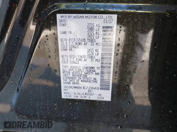2017 Nissan Pathfinder SL with VIN 5N1DR2MM8HC672040, listed as a IAAI auction lot 41853921 with 168,877 mi miles. Bid and sale history available at carsss.com. Image 9.