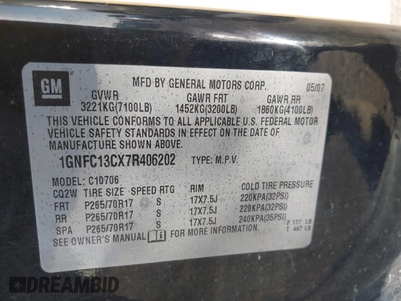 2007 Chevrolet Tahoe LS with VIN 1GNFC13CX7R406202, listed as a IAAI auction lot 41951878 with 181,571 mi miles and . Bid and sale history available at DreamBid. Image 9.