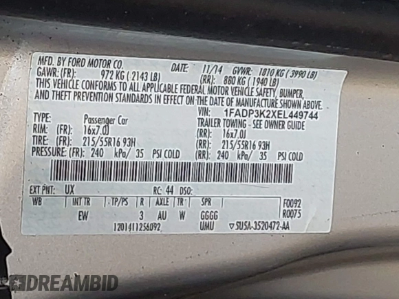 2014 Ford Focus SE with VIN 1FADP3K2XEL449744, listed as a IAAI auction lot 41829228 with 103,032 mi miles. Bid and sale history available at carsss.com. Image 9.