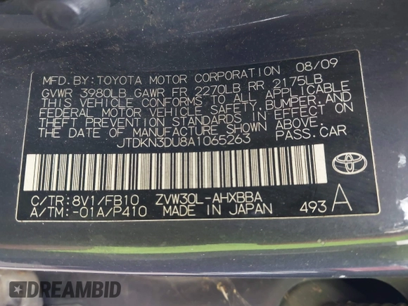2010 Toyota Prius II with VIN JTDKN3DU8A1065263, listed as a IAAI auction lot 42112721 with 1 mi miles. Bid and sale history available at carsss.com. Image 9.