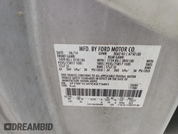 2014 Ford F-150 XL with VIN 1FTMF1CM7EKE73491, listed as a Copart auction lot 59908755 with 205,265 mi miles and Non repairable. Bid and sale history available at DreamBid. Image 12.