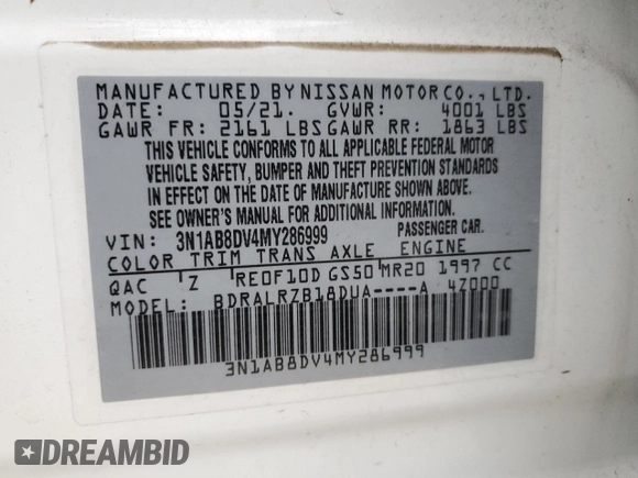 2021 Nissan Sentra SR with VIN 3N1AB8DV4MY286999, listed as a Copart auction lot 44139665 with 56,859 mi miles and Salvage Title. Bid and sale history available at carsss.com. Image 13.