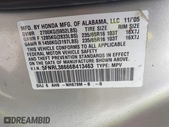 2006 Honda Odyssey EX-L с VIN 5FNRL38666B413463, выставлен на аукционе IAAI как лот 42180921 с пробегом 149 141 миль миль и . История ставок и продаж доступна на DreamBid. Изображение 9.