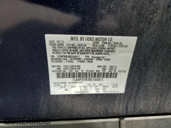 2011 Ford Taurus SEL with VIN 1FAHP2EW3BG160011, listed as a Copart auction lot 51301935 with 45,627 mi miles and Salvage Title. Bid and sale history available at carsss.com. Image 12.