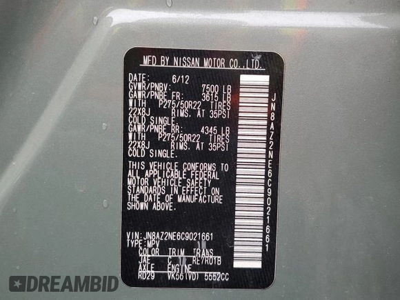 2012 Infiniti QX56 7-passenger z VIN JN8AZ2NE6C9021661, wystawiony jako Copart lot #54956795 z przebiegiem 106 037 mil mil oraz Tytuł czysty. Historia ofert i sprzedaży dostępna na DreamBid. Obrazek 13.