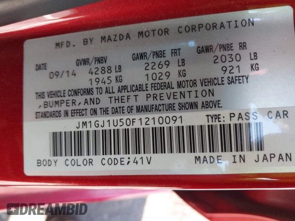 2015 Mazda 6 i Sport with VIN JM1GJ1U50F1210091, listed as a IAAI auction lot 42057091 with 78,253 mi miles. Bid and sale history available at carsss.com. Image 9.