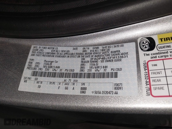 2015 Ford Fiesta SE with VIN 3FADP4BJXFM133631, listed as a IAAI auction lot 41835888 with 51,562 mi miles. Bid and sale history available at carsss.com. Image 9.