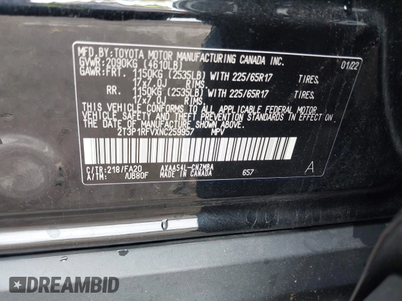 2022 Toyota RAV4 XLE with VIN 2T3P1RFVXNC259957, listed as a IAAI auction lot 42601471 with 39,696 mi miles and . Bid and sale history available at DreamBid. Image 9.