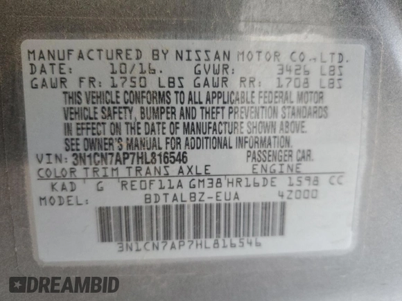 2017 Nissan Versa SV z VIN 3N1CN7AP7HL816546, wystawiony jako Copart lot #54452285 z przebiegiem 97 147 mil mil oraz Szkoda całkowita • Salvage title. Historia ofert i sprzedaży dostępna na DreamBid. Obrazek 12.