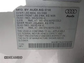 2007 Audi Q7 Premium with VIN WA1BY74L57D032681, listed as a IAAI auction lot 41898107 with 101,233 mi miles. Bid and sale history available at carsss.com. Image 9.