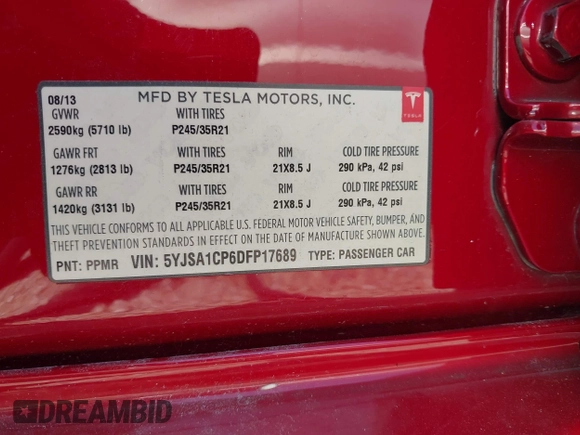 2013 Tesla Model S Performance with VIN 5YJSA1CP6DFP17689, listed as a IAAI auction lot 42483390 with 51,432 mi miles and . Bid and sale history available at DreamBid. Image 9.