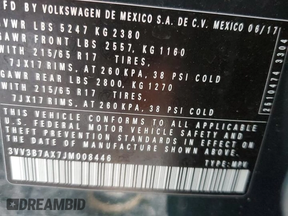 2018 Volkswagen Tiguan SEL с VIN 3VV3B7AX7JM008446, выставлен на аукционе Copart как лот 53435775 с пробегом 93 776 миль миль и Списание • Salvage title. История ставок и продаж доступна на DreamBid. Изображение 15.