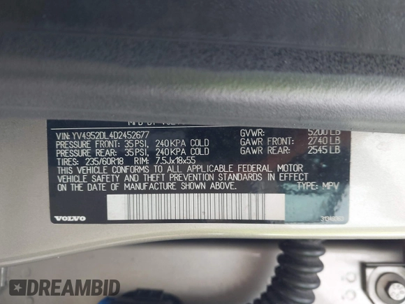2013 Volvo XC60 3.2L with VIN YV4952DL4D2452677, listed as a IAAI auction lot 42273803 with 141,639 mi miles and . Bid and sale history available at DreamBid. Image 9.