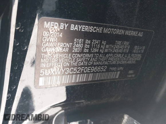 2015 BMW X3 xDrive28d with VIN 5UXWY3C52F0E96652, listed as a IAAI auction lot 41895140 with 57,131 mi miles. Bid and sale history available at carsss.com. Image 9.