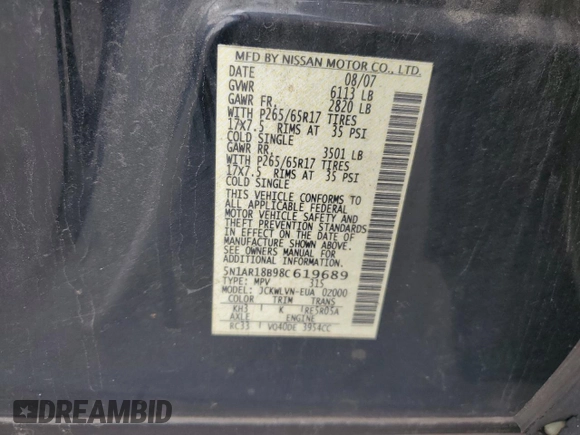 2008 Nissan Pathfinder SE with VIN 5N1AR18B98C619689, listed as a Copart auction lot 65494525 with 200,194 mi miles and Non repairable. Bid and sale history available at DreamBid. Image 13.