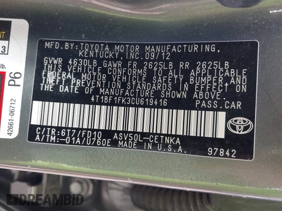 2012 Toyota Camry L with VIN 4T1BF1FK3CU619416, listed as a IAAI auction lot 42020573 with 74,325 mi miles and . Bid and sale history available at carsss.com. Image 9.