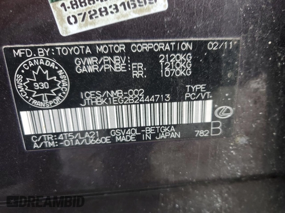 2011 Lexus ES 330 with VIN JTHBK1EG2B2444713, listed as a Copart auction lot 52522865 with 222,995 mi miles and Clean Title. Bid and sale history available at DreamBid. Image 12.