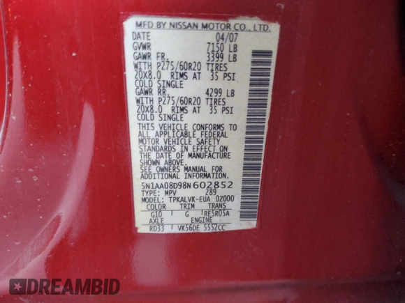 2008 Nissan Armada SE z VIN 5N1AA08D98N602852, wystawiony jako Copart lot #85514374 z przebiegiem 148 639 mil mil oraz Szkoda całkowita • Salvage title. Historia ofert i sprzedaży dostępna na DreamBid. Obrazek 14.
