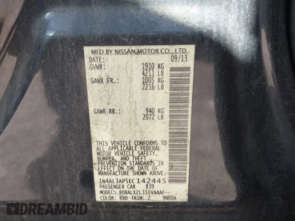 2014 Nissan Altima SL with VIN 1N4AL3AP5EC142445, listed as a IAAI auction lot 41820931 with 253,146 mi miles and . Bid and sale history available at DreamBid. Image 9.