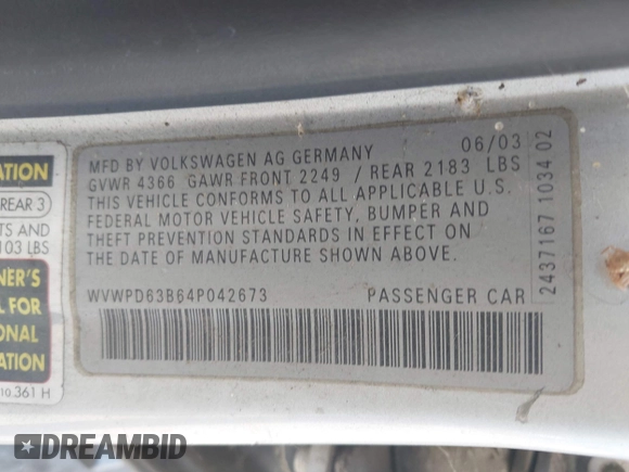 2004 Volkswagen Passat GLS z VIN WVWPD63B64P042673, wystawiony jako IAAI lot #42467361 z przebiegiem 259 067 mil mil oraz . Historia ofert i sprzedaży dostępna na DreamBid. Obrazek 9.