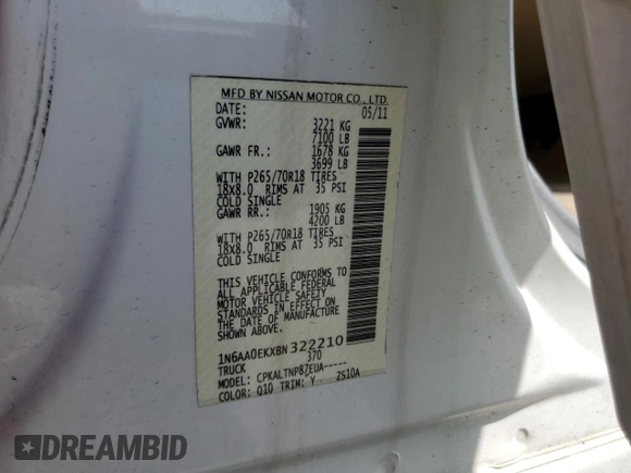 2011 Nissan Titan SV with VIN 1N6AA0EKXBN322210, listed as a Copart auction lot 54178105 with 125,380 mi miles and Salvage Title. Bid and sale history available at DreamBid. Image 12.