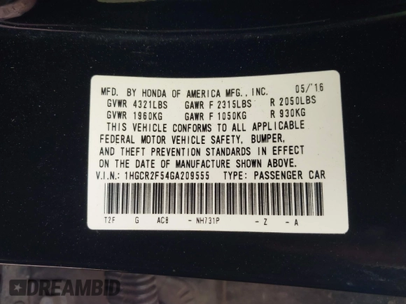 2016 Honda Accord Sport с VIN 1HGCR2F54GA209555, выставлен на аукционе IAAI как лот 41863092 с пробегом 219 154 миль миль и . История ставок и продаж доступна на DreamBid. Изображение 9.