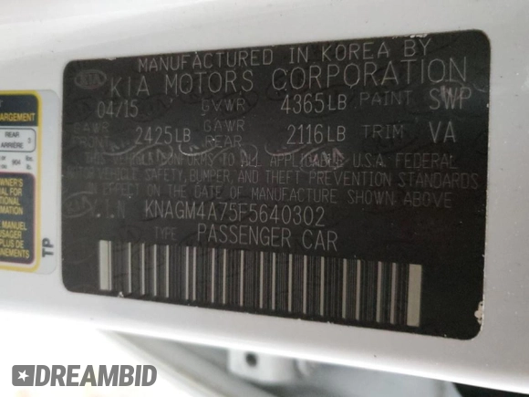 2015 Kia Optima LX with VIN KNAGM4A75F5640302, listed as a Copart auction lot 43641325 with 95,606 mi miles and Salvage Title. Bid and sale history available at DreamBid. Image 12.