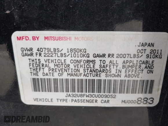 2012 Mitsubishi Lancer GT with VIN JA32U8FW3CU009052, listed as a IAAI auction lot 42337015 with 109,130 mi miles and . Bid and sale history available at DreamBid. Image 9.