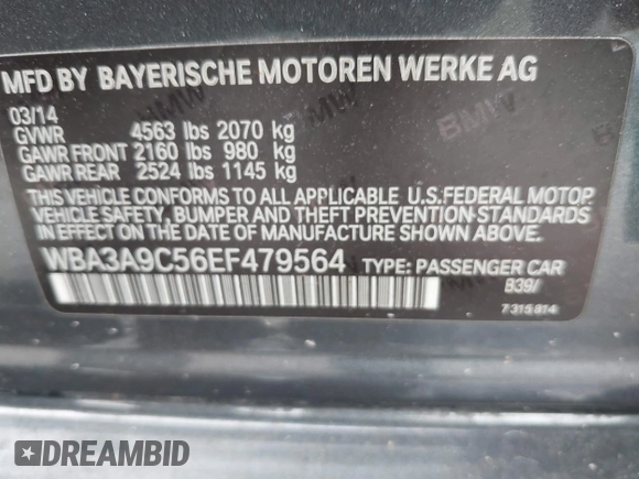 2014 BMW 3 Series 335i with VIN WBA3A9C56EF479564, listed as a IAAI auction lot 41578397 with 136,637 mi miles. Bid and sale history available at carsss.com. Image 9.