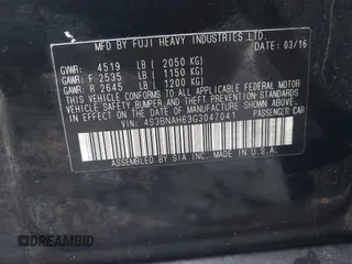 2016 Subaru Legacy 2.5i Premium with VIN 4S3BNAH63G3047041, listed as a IAAI auction lot 41966391 with 175,039 mi miles. Bid and sale history available at carsss.com. Image 9.