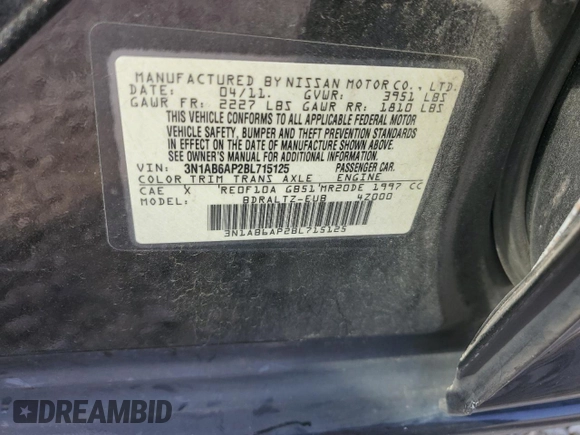 2011 Nissan Sentra SR with VIN 3N1AB6AP2BL715125, listed as a Copart auction lot 53852975 with 227,433 mi miles and Salvage Title. Bid and sale history available at DreamBid. Image 12.