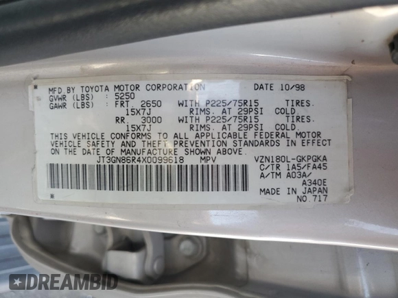 1999 Toyota 4Runner SR5 with VIN JT3GN86R4X0099618, listed as a Copart auction lot 58204145 with 297,759 mi miles and Salvage title. Bid and sale history available at DreamBid. Image 13.