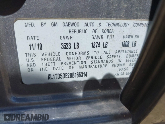 2011 Chevrolet Aveo 1LT with VIN KL1TD5DE2BB166314, listed as a IAAI auction lot 42189240 with 140,922 mi miles and . Bid and sale history available at DreamBid. Image 9.