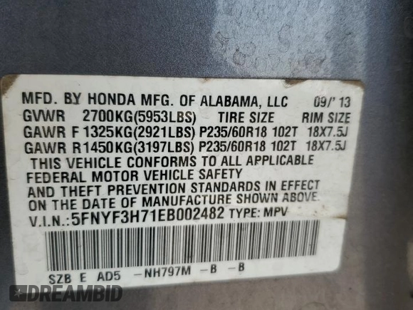 2014 Honda Pilot EX-L with VIN 5FNYF3H71EB002482, listed as a Copart auction lot 46395005 with 115,822 mi miles and Salvage Title. Bid and sale history available at carsss.com. Image 16.