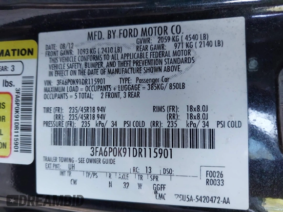 2013 Ford Fusion Titanium with VIN 3FA6P0K91DR115901, listed as a IAAI auction lot 42779096 with 191,451 mi miles and . Bid and sale history available at DreamBid. Image 9.
