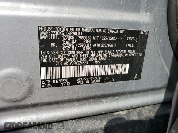2024 Toyota RAV4 Hybrid LE with VIN 2T3LWRFV3RW224830, listed as a Copart auction lot 64658805 with 10,671 mi miles and Clean title. Bid and sale history available at DreamBid. Image 14.