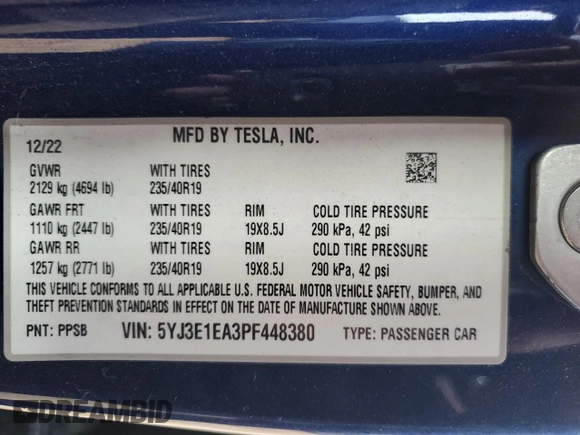 2023 Tesla Model 3 with VIN 5YJ3E1EA3PF448380, listed as a Copart auction lot 48623325 with 37,468 mi miles and Salvage Title. Bid and sale history available at DreamBid. Image 14.