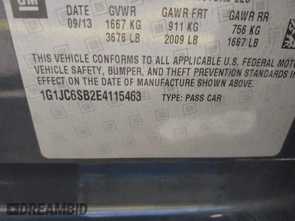 2014 Chevrolet Sonic LT with VIN 1G1JC6SB2E4115463, listed as a IAAI auction lot 42106600 with 135,652 mi miles. Bid and sale history available at carsss.com. Image 9.