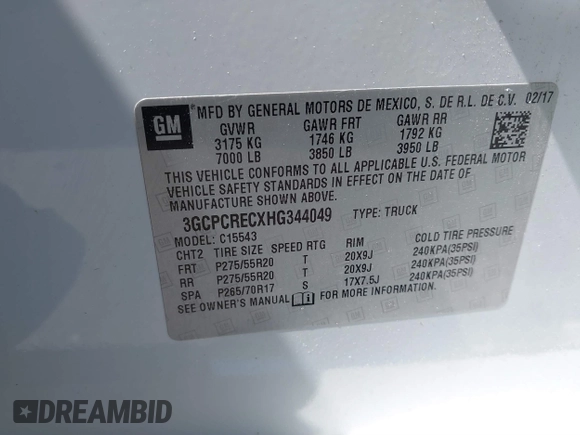 2017 Chevrolet Silverado 1500 LT with VIN 3GCPCRECXHG344049, listed as a IAAI auction lot 41803518 with 205,643 mi miles. Bid and sale history available at carsss.com. Image 9.