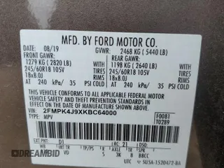 2019 Ford Edge SEL with VIN 2FMPK4J9XKBC64000, listed as a Copart auction lot 56678125 with Not provided miles and Salvage title. Bid and sale history available at DreamBid. Image 13.