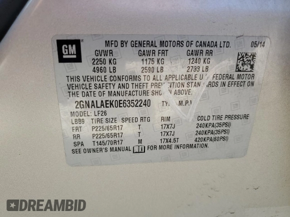 2014 Chevrolet Equinox LS z VIN 2GNALAEK0E6352240, wystawiony jako Copart lot #53494645 z przebiegiem 173 065 mil mil oraz Szkoda całkowita • Salvage title. Historia ofert i sprzedaży dostępna na DreamBid. Obrazek 15.