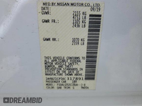 2019 Nissan LEAF SL Plus with VIN 1N4BZ1CP5KC317891, listed as a Copart auction lot 57491825 with 88,841 mi miles and Salvage title. Bid and sale history available at DreamBid. Image 12.